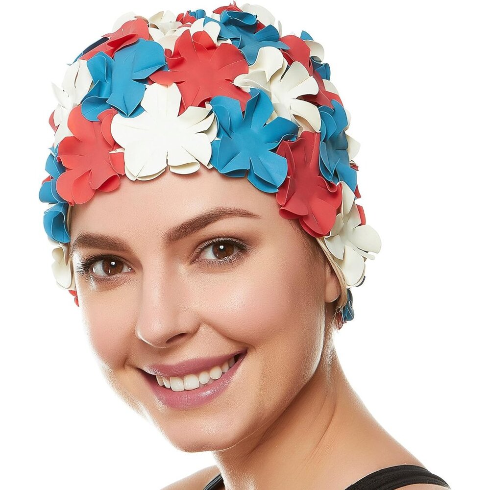 Beemo Floral Petal Ladies Bathing Swim Cap Women Long/Short Hair- Red/Blue/White